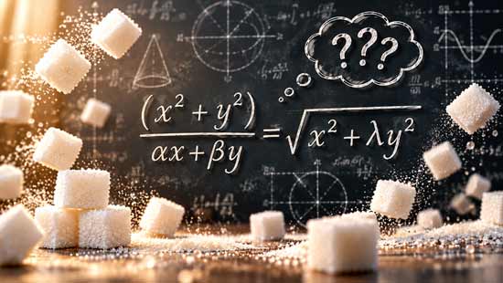 Fliegende Zuckerwürfel vor einer mathematischen Gleichung mit zwei Unbekannten und drei Fragezeichen