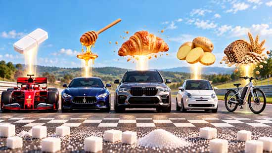 Zucker und Kohlenhydrate im Vergleich: Formel-1-Rennwagen, Maserati, Luxusauto, Stadtauto und E-Bike mit verschiedenen Lebensmitteln